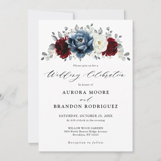 Slate Blue Burgundy White Ivory Bluoral Wedding Einladung (Vorderseite)