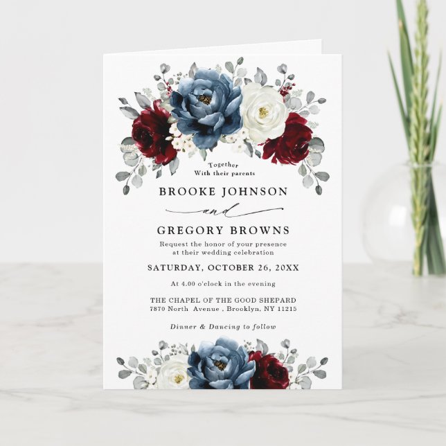 Slate Blue Burgundy White Ivory Bluoral Wedding Einladung (Vorderseite)