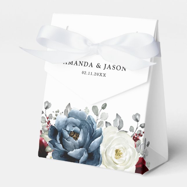 Slate Blue Burgundy White Ivory Bluoral Wedding Geschenkschachtel (Vorderseite)