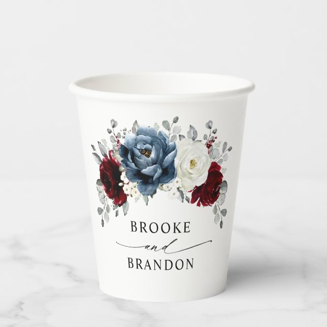 Slate Blue Burgundy White Ivory Bluoral Wedding Pappbecher (Vorderseite)