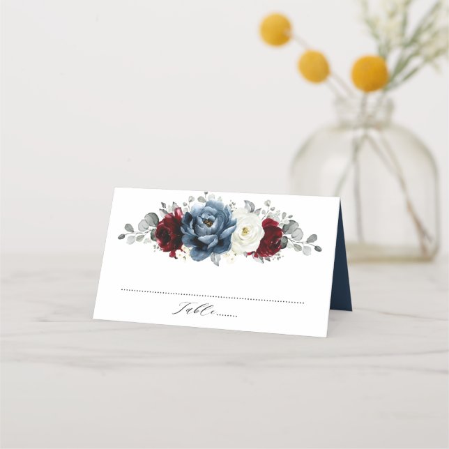 Slate Blue Burgundy White Ivory Bluoral Wedding Platzkarte (Vorderseite)