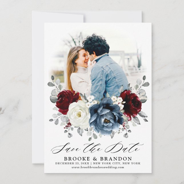Slate Blue Burgundy White Ivory Bluoral Wedding Save The Date (Vorderseite)