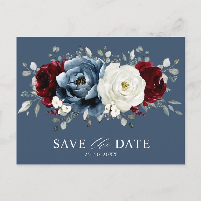 Slate Blue Burgundy White Ivory Boho Save the Date Postkarte (Vorderseite)