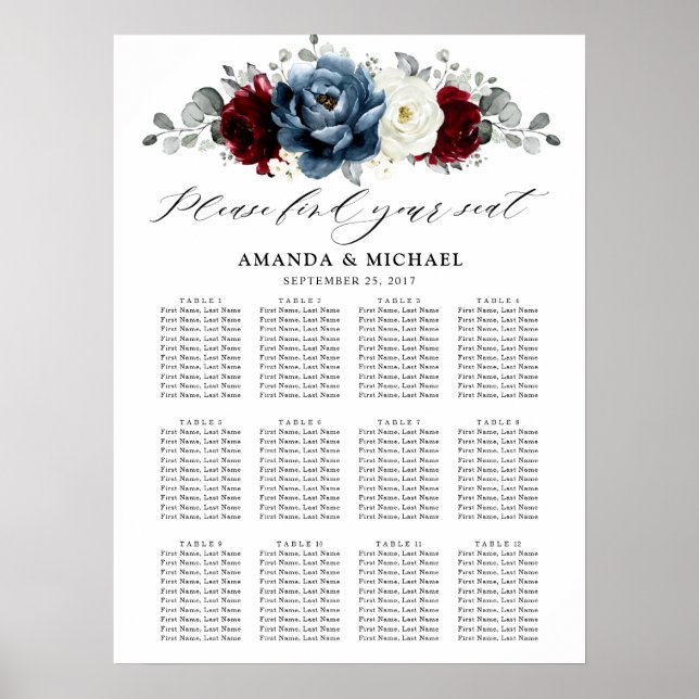 Slate Blue Burgundy White Ivory Boho Seekarte Poster (Vorne)