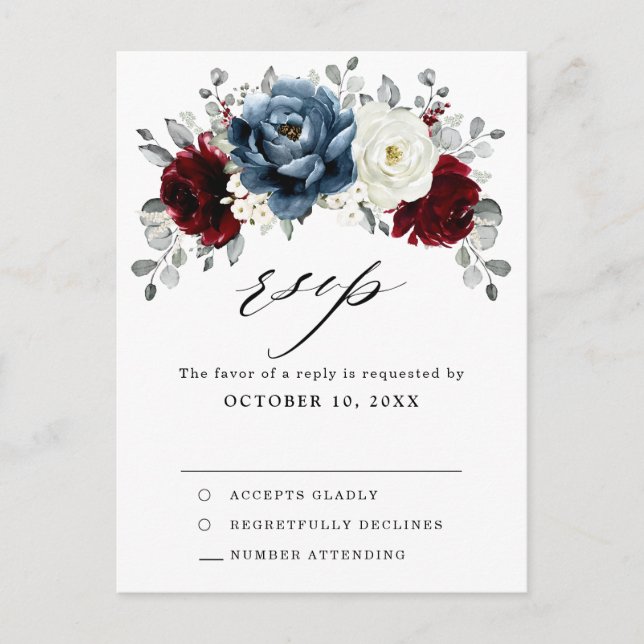 Slate Blue Burgundy White Ivory Boho Wedding RSVP Postkarte (Vorderseite)