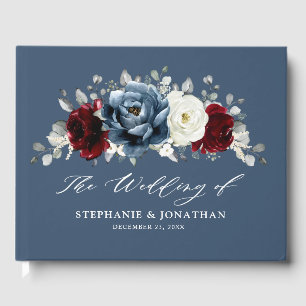 Slate Blue Burgundy White Ivory Floral Wedding Gu Gästebuch