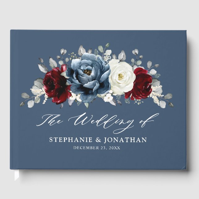 Slate Blue Burgundy White Ivory Floral Wedding Gu Gästebuch (Vorderseite)