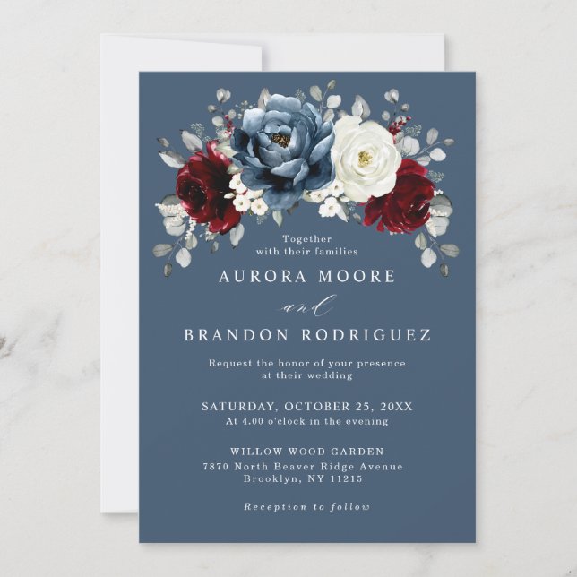 Slate Blue Burgundy White Ivory Floral Wedding Inv Einladung (Vorderseite)