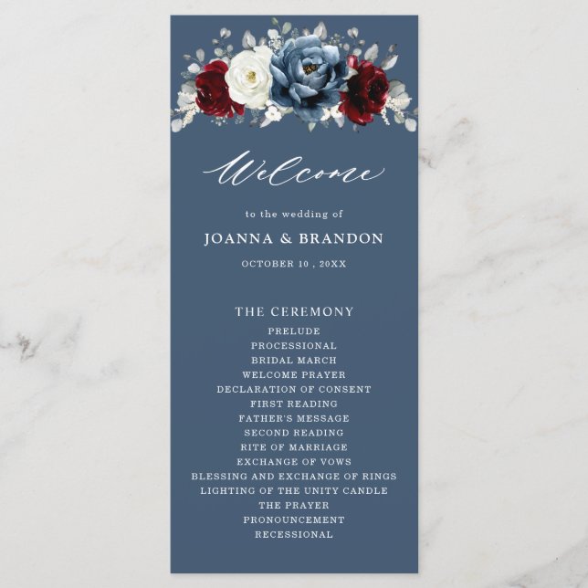 Slate Blue Burgundy White Ivory Floral Wedding Pr Programm (Vorderseite)