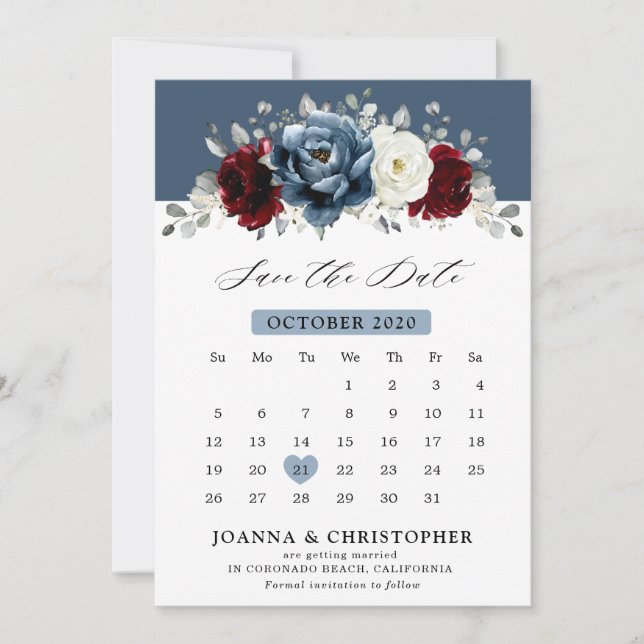 Slate Blue Burgundy White Ivory Floral Wedding Sa Save The Date (Vorderseite)