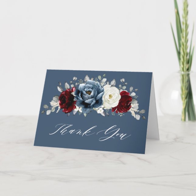 Slate Blue Burgundy White Ivory Floral Wedding The Dankeskarte (Vorderseite)