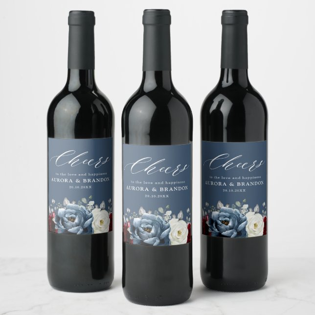 Slate Blue Burgundy White Ivory Floral Wedding Wi Weinetikett (Flaschen)