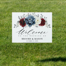 Slate Blue Burgundy White Ivory Wedding Willkommen