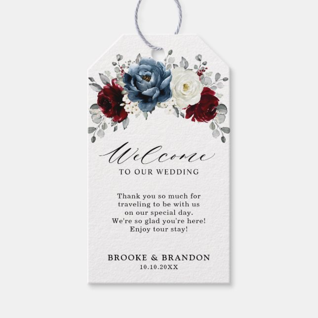 Slate Blue Burgundy White Ivory Wedding Willkommen Geschenkanhänger (Vorderseite)