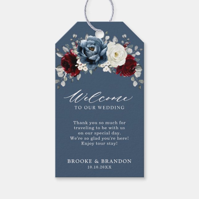 Slate Blue Burgundy White Ivory Wedding Willkommen Geschenkanhänger (Vorderseite)