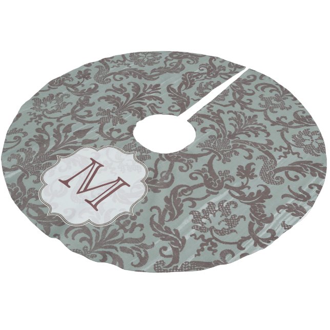 Slate Blue Damask Lace Monogram Initial Tree Skirt Polyester Weihnachtsbaumdecke (Schrägansicht)