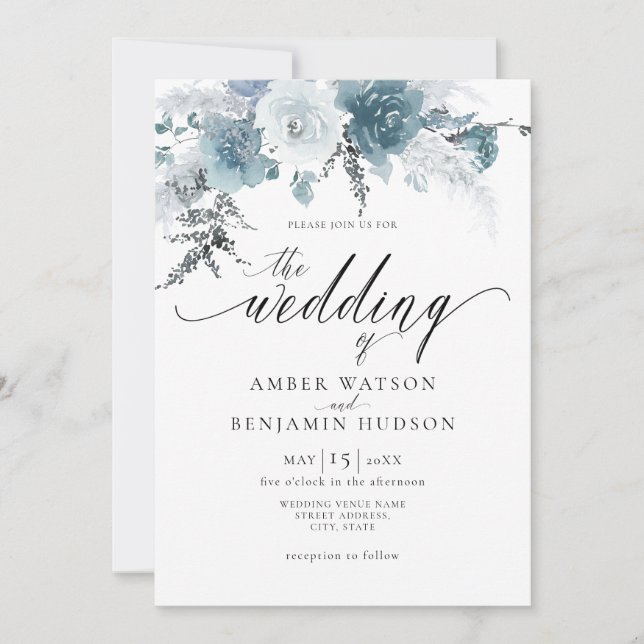 Slate Blue Dusty Pastel Floral Boho Pampas Wedding Einladung (Vorderseite)