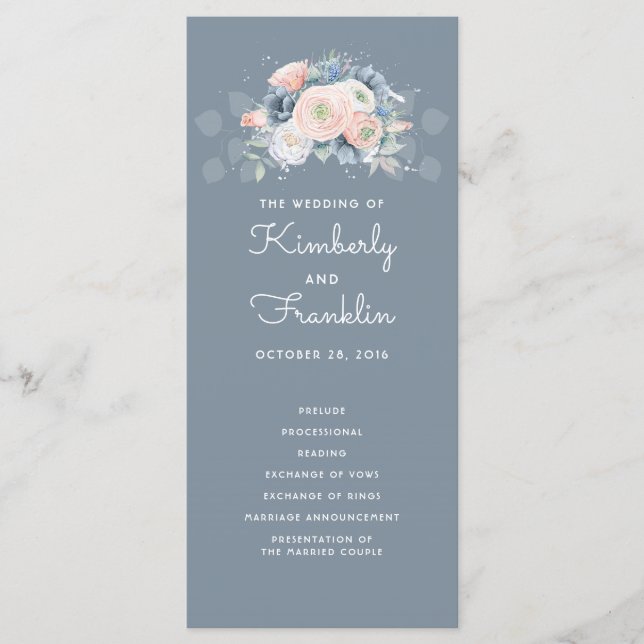 Slate Blue et Dusty Rose Floral Wedding Programmes (Devant)