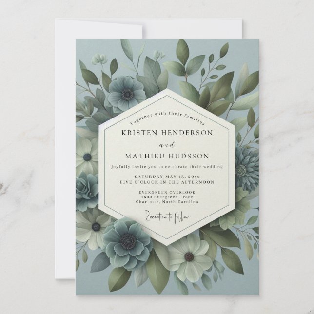 Slate Blue Ethereal Bloom Wedding Einladung (Vorderseite)