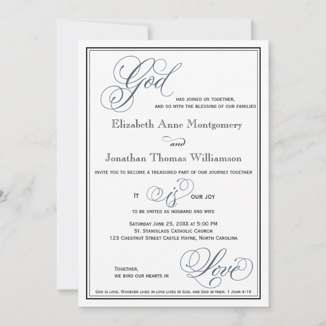 Slate Blue Formal Script Religious Wedding Einladung (Vorderseite)