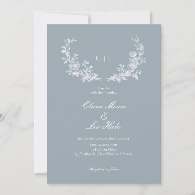 Slate Blue French Country Wedding Einladung (Vorderseite)