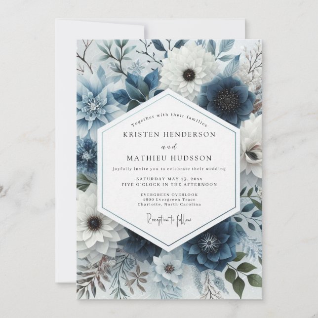 Slate Blue Frosted Flora Wedding Einladung (Vorderseite)