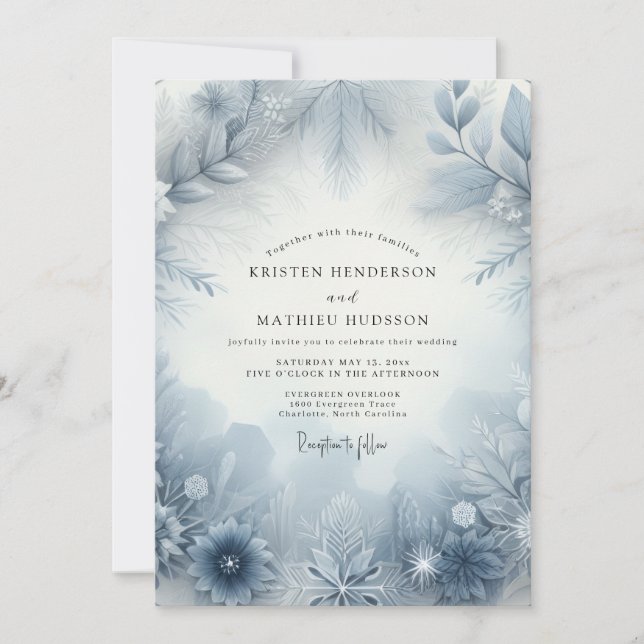 Slate Blue Frosty Bloom Wedding Einladung (Vorderseite)