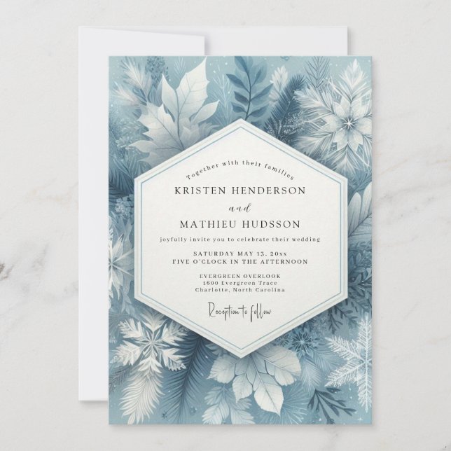 Slate Blue Frosty Bloom Wedding Einladung (Vorderseite)