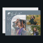 Slate Blue Hand Written Thank You Multi Photo Ankündigung<br><div class="desc">Modern and whimsical graduation announcement photo card featuring 3 photos on the front and 1 on the back. The text says "Thank You" with twinkling stars. Add the graduate's name,  information,  and message to personalize this card. Slate blue.</div>