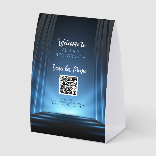 Slate Blue Menu Restaurant QR Code Table Sign Tischaufsteller (Vorderseite)