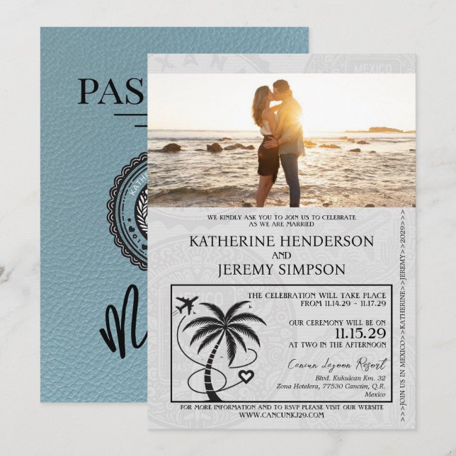 Slate Blue Mexico Passport Hochzeit Einladung (Vorne/Hinten)