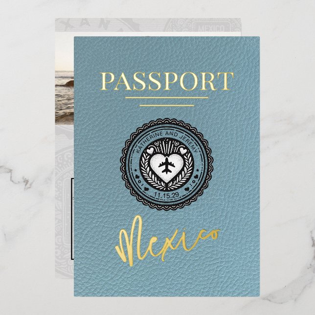 Slate Blue Mexico Passport Hochzeit Folieneinladung (Vorderseite/Rückseite)