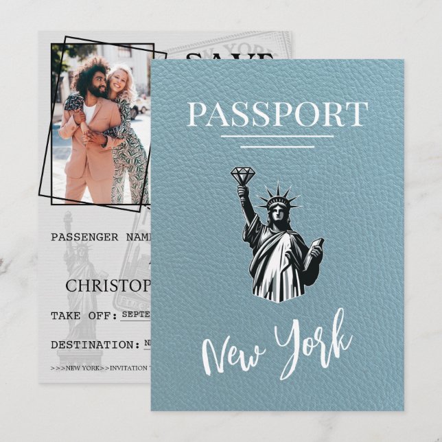 Slate Blue New York City Passport Save the Date (Vorne/Hinten)