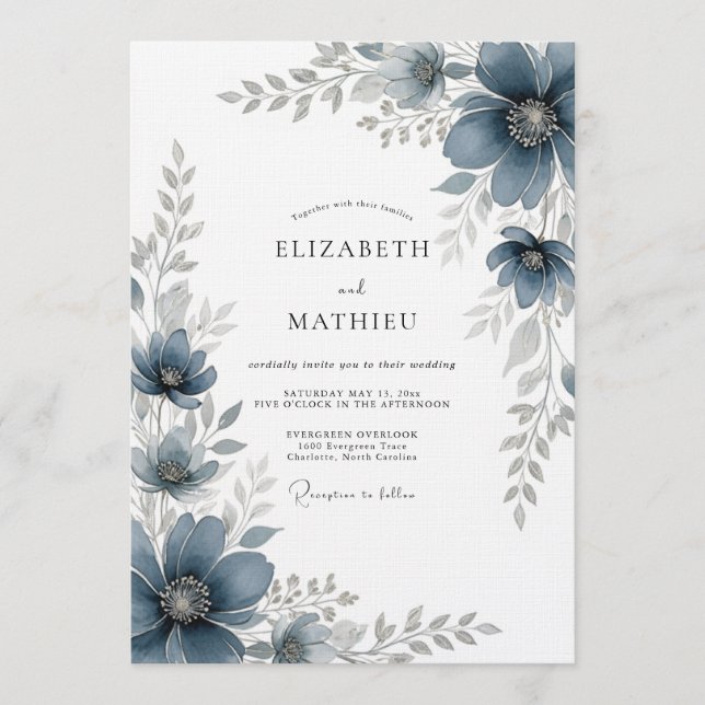 Slate Blue Painterly Romance Wedding Einladung (Vorderseite)