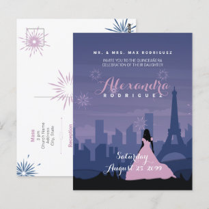 Slate Blue & Pink Paris Feuerwerk Quinceañera Postkarte