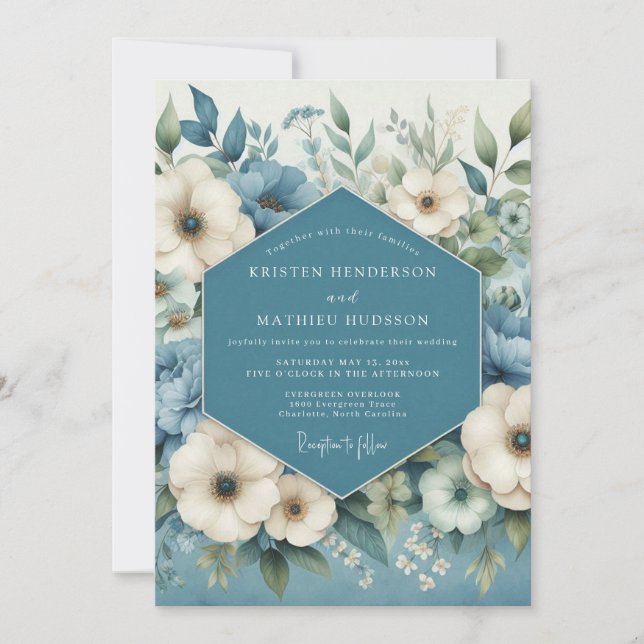 Slate Blue Romantic Anemone Wedding Einladung (Vorderseite)
