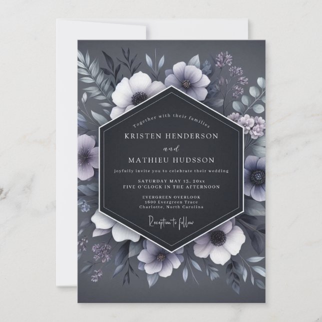 Slate Blue Shadowy Flora Wedding Einladung (Vorderseite)