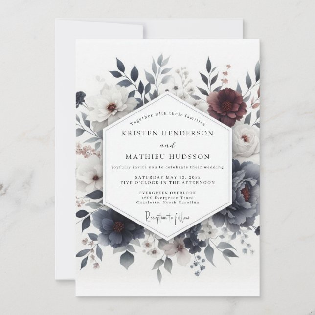 Slate Blue Somber Bloom Wedding Einladung (Vorderseite)