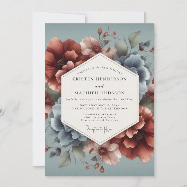 Slate Blue Terra Bloom Wedding Einladung (Vorderseite)