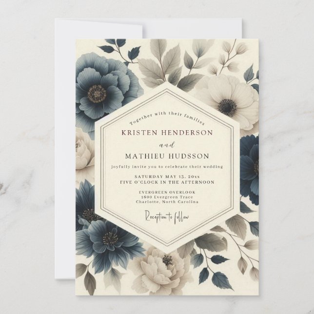 Slate Blue Vintage Flora Wedding Einladung (Vorderseite)