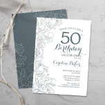 Slate Blue White Floral 50. Geburtstagsparty Einladung<br><div class="desc">Slate Blue White Floral 50. Geburtstag Party Einladung. Minimalistisches modernes Design mit botanischen Kontur Zeichnungen Akzente und Typografie Drehbuch Schriftart. Einfache,  trendige Einladungskarte für eine stilvolle Damenfeier. Kann für jedes Alter angepasst werden. Gedruckte Zazzle Einladungen oder Sofortdownload digitalen druckbaren Vorlage.</div>