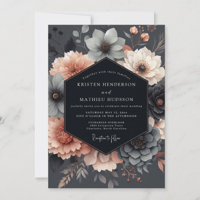 Slate-Blush Moody Bloom Hochzeit Einladung (Vorderseite)
