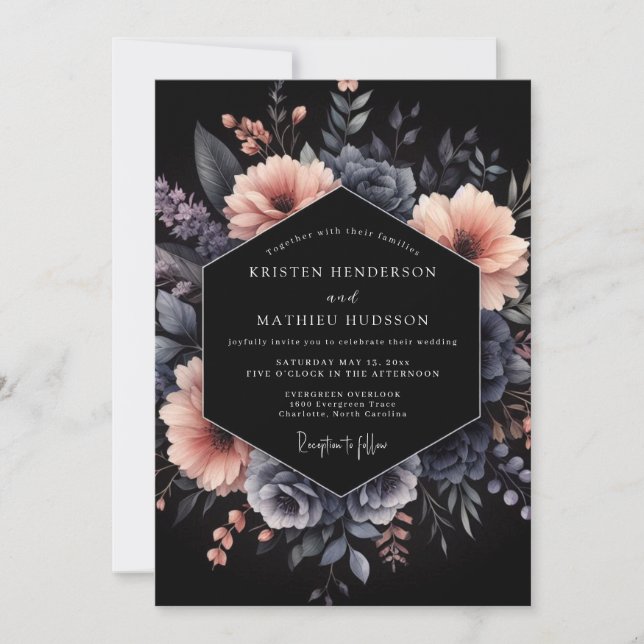 Slate & Blush Shadowy Bloom Hochzeit Einladung (Vorderseite)