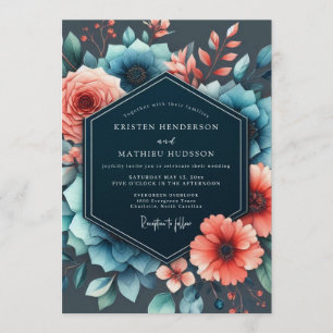 Slate & Coral Moody Bloom Hochzeit Einladung