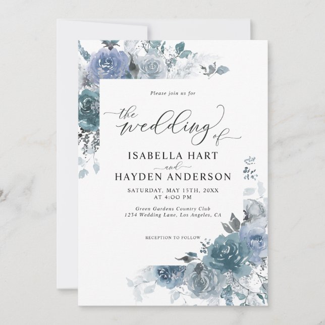 Slate Dusty Blue Boho Pastel Pampas Floral Wedding Einladung (Vorderseite)