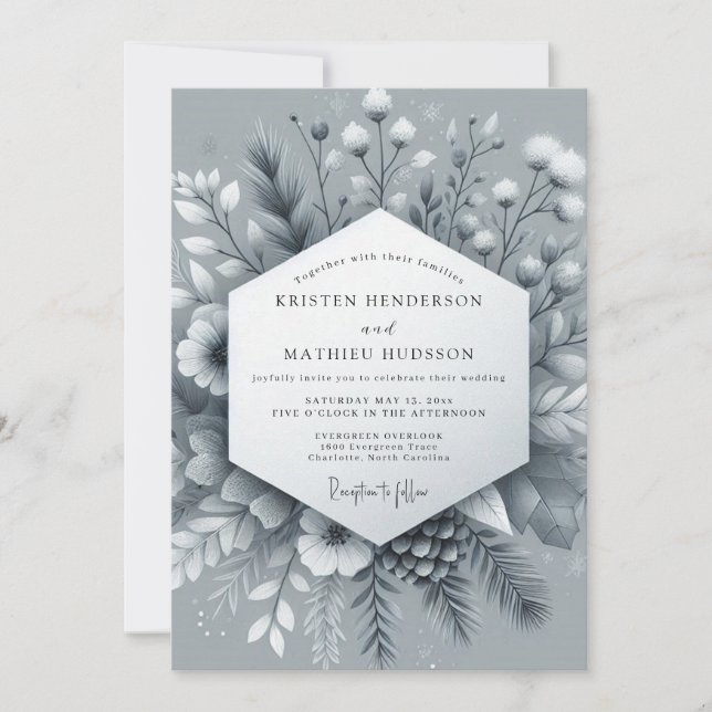 Slate Frosted Bloom Hochzeit Einladung (Vorderseite)