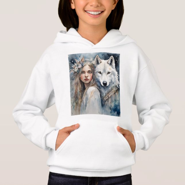 Slavic Girl and white Wolf Hoodie (Vorderseite)