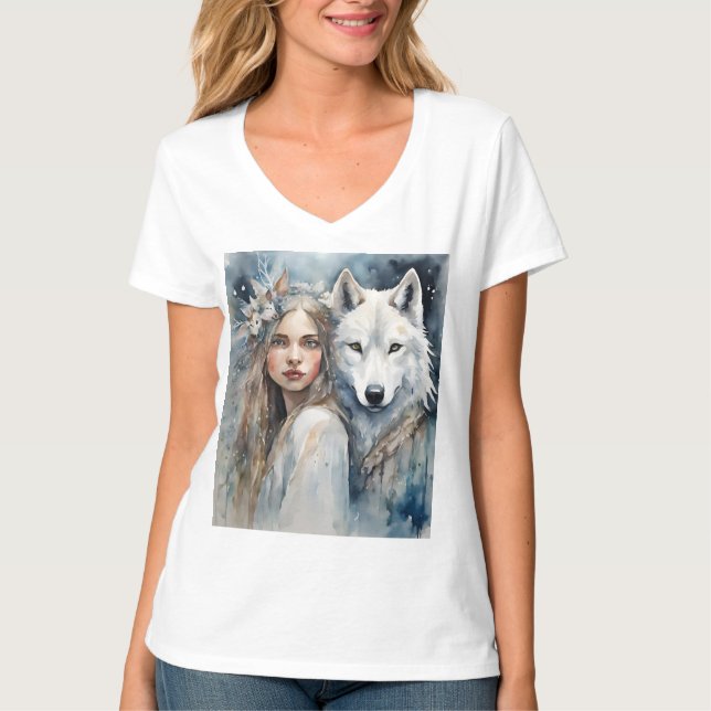 Slavic Girl and white Wolf T-Shirt (Vorderseite)