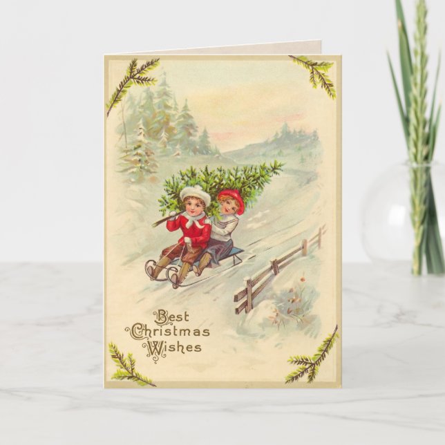 SledChildren Vintage Weihnachtskarte Feiertagskarte (Vorderseite)