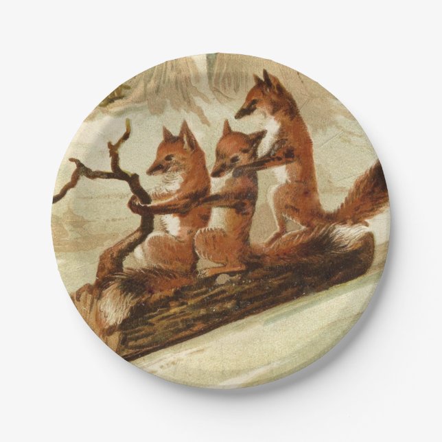 Sledding Fuchs-Vintages Weihnachtspapierplatte Pappteller (Vorderseite)